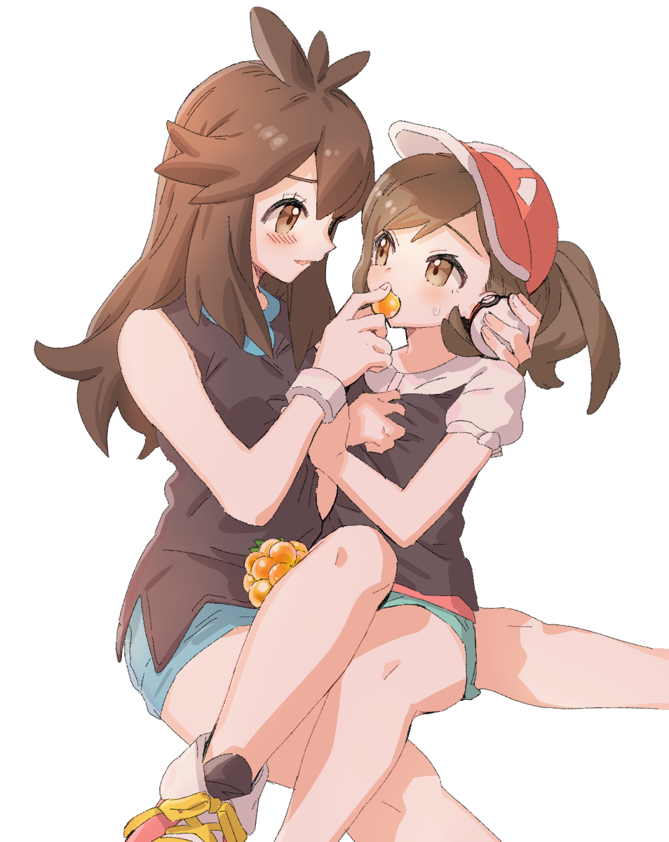 2girls age_difference ankea_(a-ramo-do) arm_around_neck ayumi_(pokemon) baseball_cap blue_(pokemon) blue_shorts blush bracelet brown_eyes brown_hair feeding food fruit hat high_ponytail holding holding_poke_ball jewelry long_hair multiple_girls poke_ball poke_ball_(generic) pokemon pokemon_(game) pokemon_lgpe ponytail short_shorts short_sleeves shorts simple_background sitting sitting_on_lap sitting_on_person white_background yuri