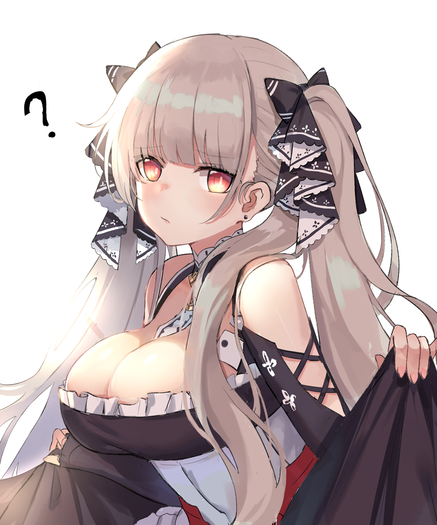 1girl ? azur_lane between_breasts black_dress braid braided_bun breasts cleavage dress earrings formidable_(azur_lane) frilled_dress frills grey_hair holding_dress holding_skirt jewelry large_breasts long_hair looking_at_viewer luobo_(nsnr8754) platinum_blonde_hair red_eyes ribbon skirt_hold solo twintails two-tone_dress two-tone_ribbon very_long_hair