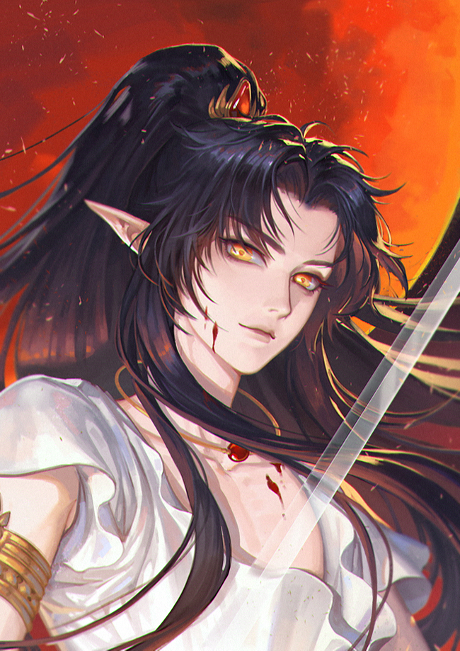 1boy androgynous armlet ashura black_hair blood face jewelry kunlu lips long_hair looking_at_viewer necklace pointy_ears rg_veda solo sword upper_body weapon yellow_eyes