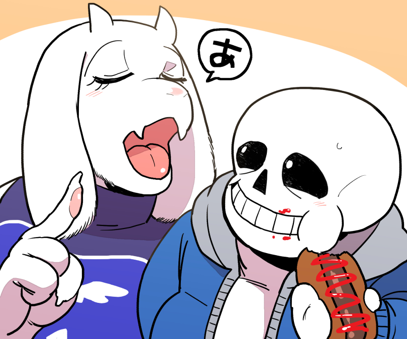 animated_skeleton bone boss_monster bovid caprine clothed clothing duo eyes_closed female food hot_dog japanese_text male mammal open_mouth sans_(undertale) skeleton text tomato_(artist) tongue toriel undead undertale video_games