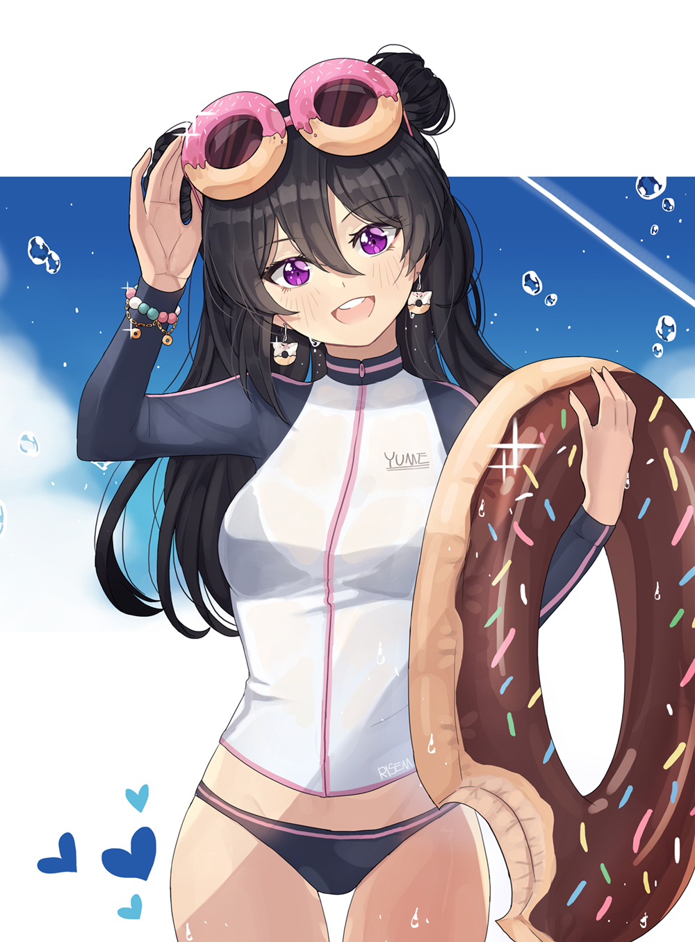 1girl :d artist_name bead_bracelet beads black_hair blue_sky blush bracelet day double_bun doughnut_earrings droplet earrings food_themed_hair_ornament goggles goggles_on_head hair_between_eyes hair_ornament hand_up highres innertube jewelry long_hair looking_at_viewer open_mouth original outdoors purple_eyes risem sky smile solo standing thigh_gap wet