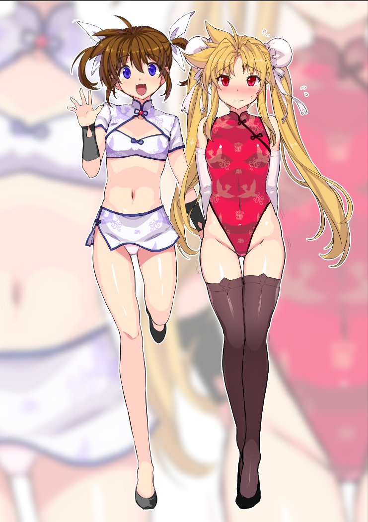 2girls arms_behind_back blonde_hair breasts brown_hair brown_legwear bun_cover chinese_clothes cleavage_cutout covered_navel double_bun embarrassed fate_testarossa gloves himukai_kyousuke leotard long_hair lyrical_nanoha midriff multiple_girls navel panties purple_eyes red_eyes red_leotard shirt short_twintails shrug_(clothing) skirt small_breasts standing takamachi_nanoha thigh_gap thighhighs twintails underwear waving wavy_mouth white_gloves white_panties white_shirt white_skirt zoom_layer