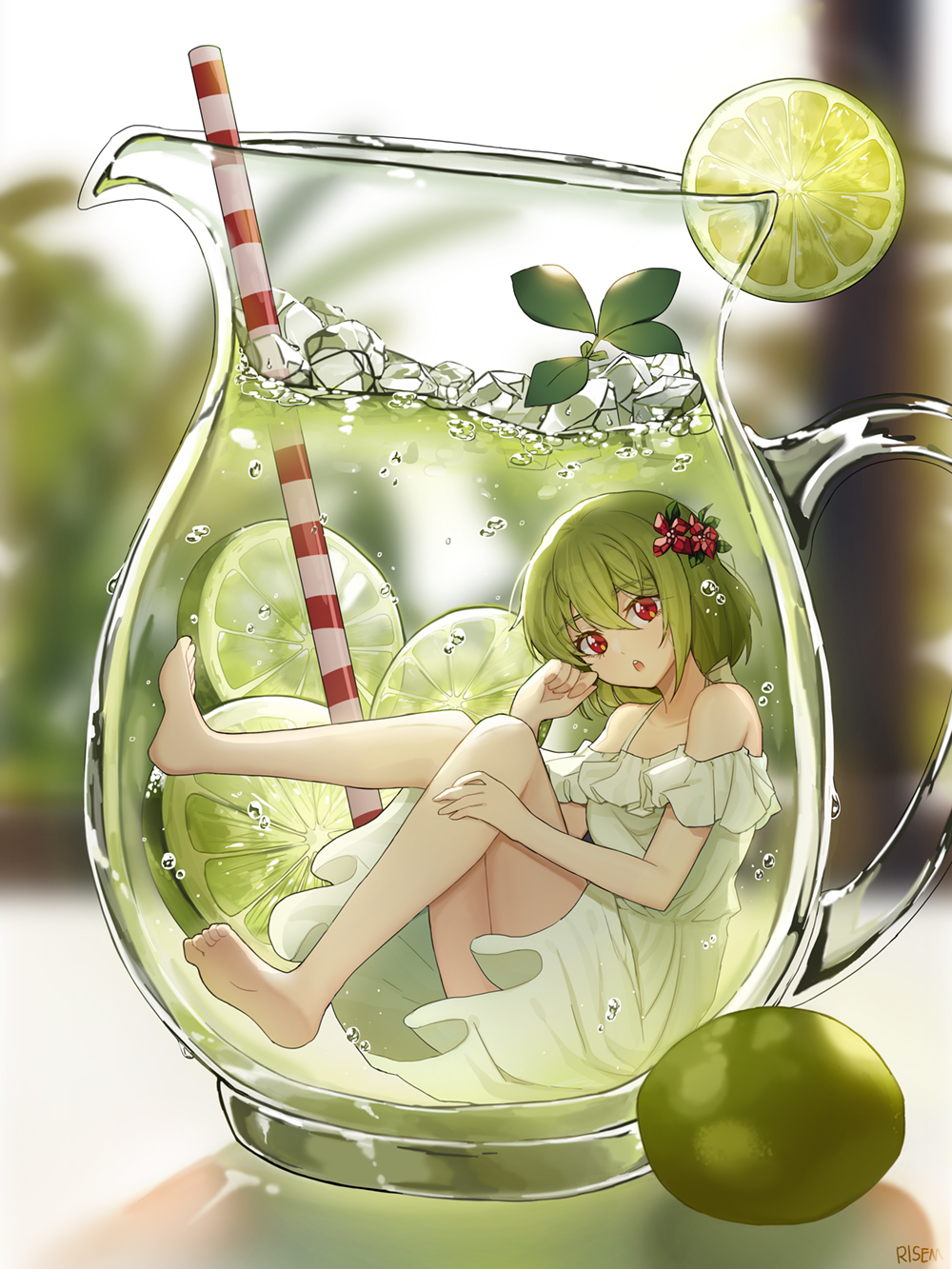 1girl artist_name barefoot blurry blurry_background chestnut_mouth clenched_hand cup dress drinking_straw flower food fruit full_body green_hair hair_flower hair_ornament highres ice ice_cube in_container in_cup lime_(fruit) lime_slice original pitcher red_eyes risem short_hair sitting underwater white_dress