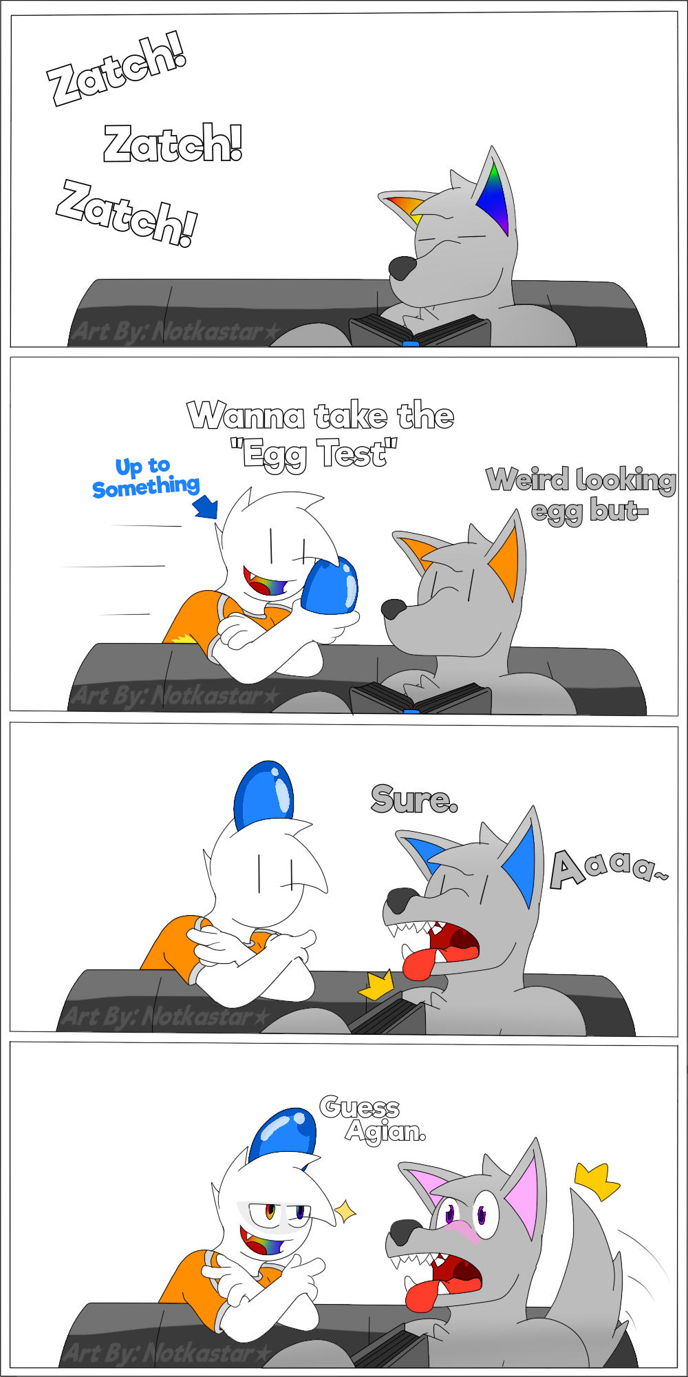 2019 alpha_channel anthro blush canid canine canis clothed clothing comic digital_media_(artwork) duo egg english_text fur hair hi_res humanoid humor male mammal max_(character) muscular muscular_male notkastar rainbow signature simple_background smile text vertical_bar_eyes wolf zatch_(character)