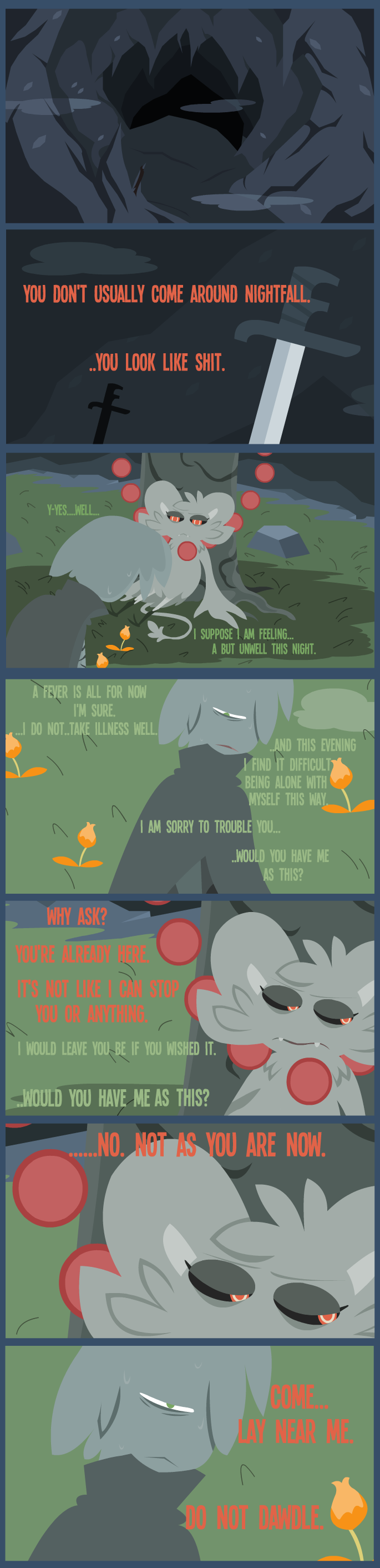 2019 absurd_res anthro cave cloak clothed clothing comic digital_media_(artwork) duo english_text flower fully_clothed fur hair hi_res human male mammal monster orange_eyes orb plant red_text shane_frost simple_background text tree