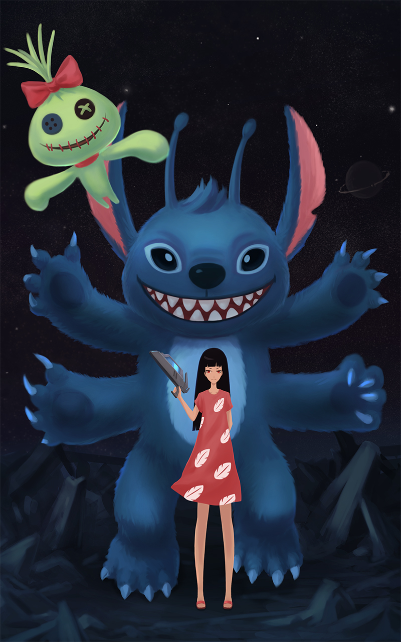 2015 4_arms 4_fingers 4_toes accessory aged_up alien alternate_form animate_inanimate antennae_(anatomy) black_hair blue_claws blue_eyes blue_nose blue_pawpads button_eyes claws debris disney experiment_(lilo_and_stitch) female fingers hair hair_accessory hair_bow hair_ribbon hand_behind_back head_tuft hi_res holding_object holding_weapon human lilo_and_stitch lilo_pelekai looking_at_viewer macro mammal multi_arm multi_limb muumuu night_sky notched_ear open_mouth open_smile pawpads planet rag_doll_(toy) ranged_weapon red_eyes ribbons scrump size_difference smaller_female smaller_human smile standing stitch_(lilo_and_stitch) toe_claws toes tuft weapon wlynn