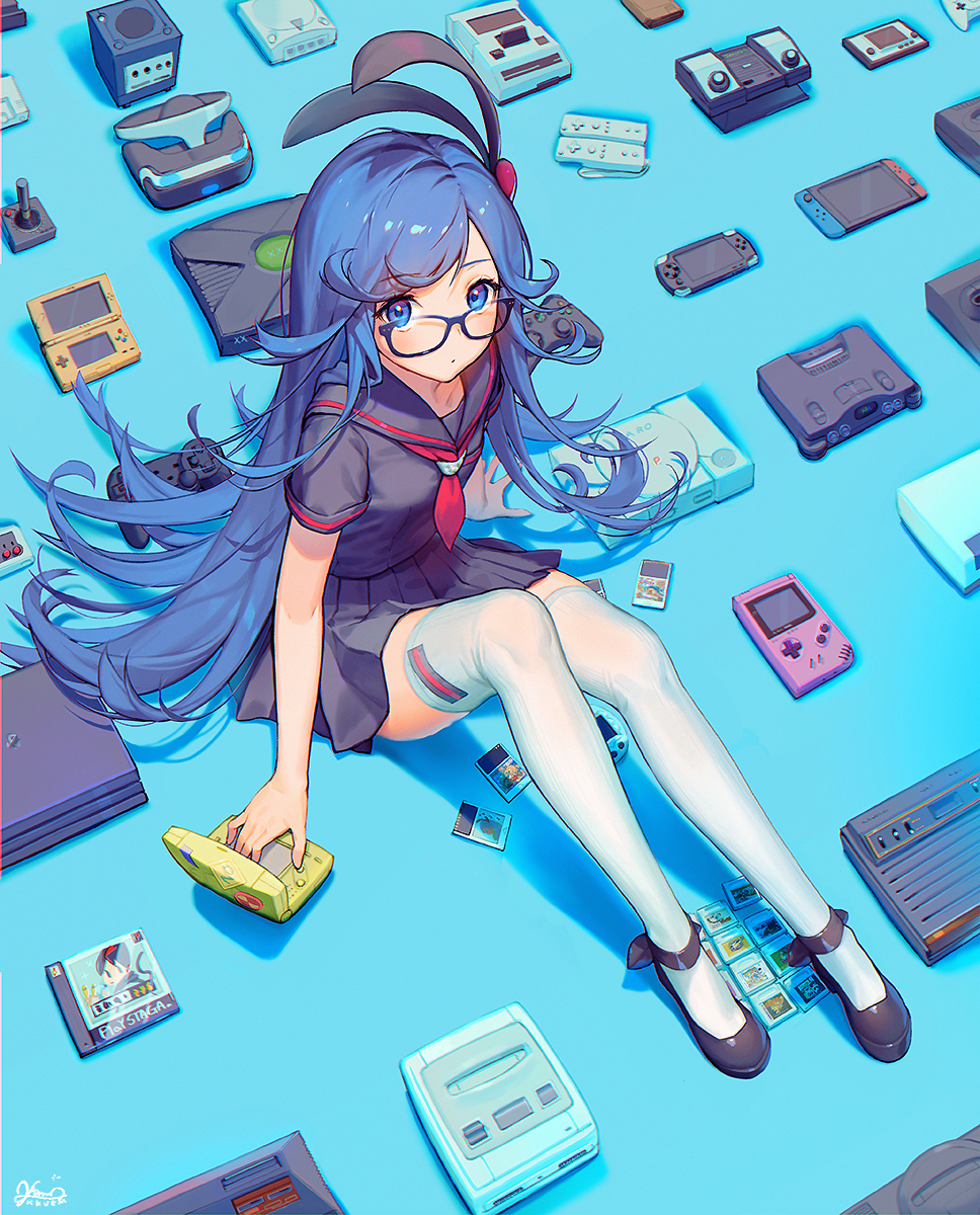 1girl artist_name atari atari_2600 black_footwear black_skirt blue_eyes blue_hair controller destiny_child famicom game_boy game_console game_controller glasses handheld_game_console highres kkuem long_hair looking_at_viewer neckerchief nintendo nintendo_64 nintendo_ds nintendo_switch playstation red_neckwear signature sitting skirt solo sony thighhighs very_long_hair white_legwear wii_remote