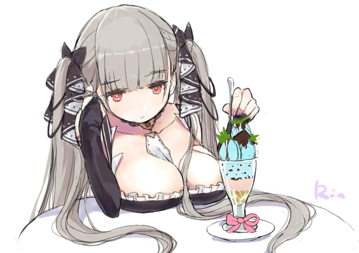 azur_lane bangs between_breasts black_dress blunt_bangs breast_rest breasts cleavage dress food formidable_(azur_lane) frilled_dress frills grey_hair ice_cream ice_cream_float large_breasts long_hair red_eyes rin2008 sitting table twintails two-tone_dress two-tone_ribbon upper_body very_long_hair
