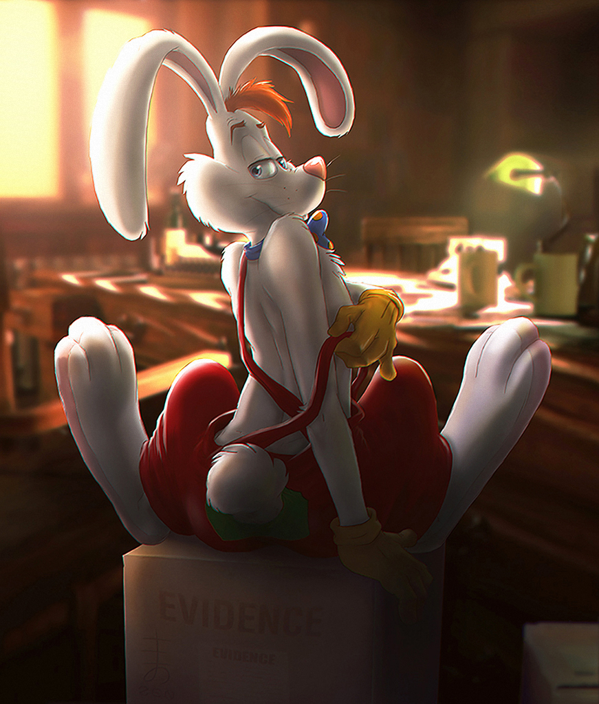 2019 anthro blue_eyes bow_tie clothed clothing disney fur lagomorph leporid looking_back male mammal paws rabbit roger_rabbit smile solo suspenders undressing white_fur who_framed_roger_rabbit zen