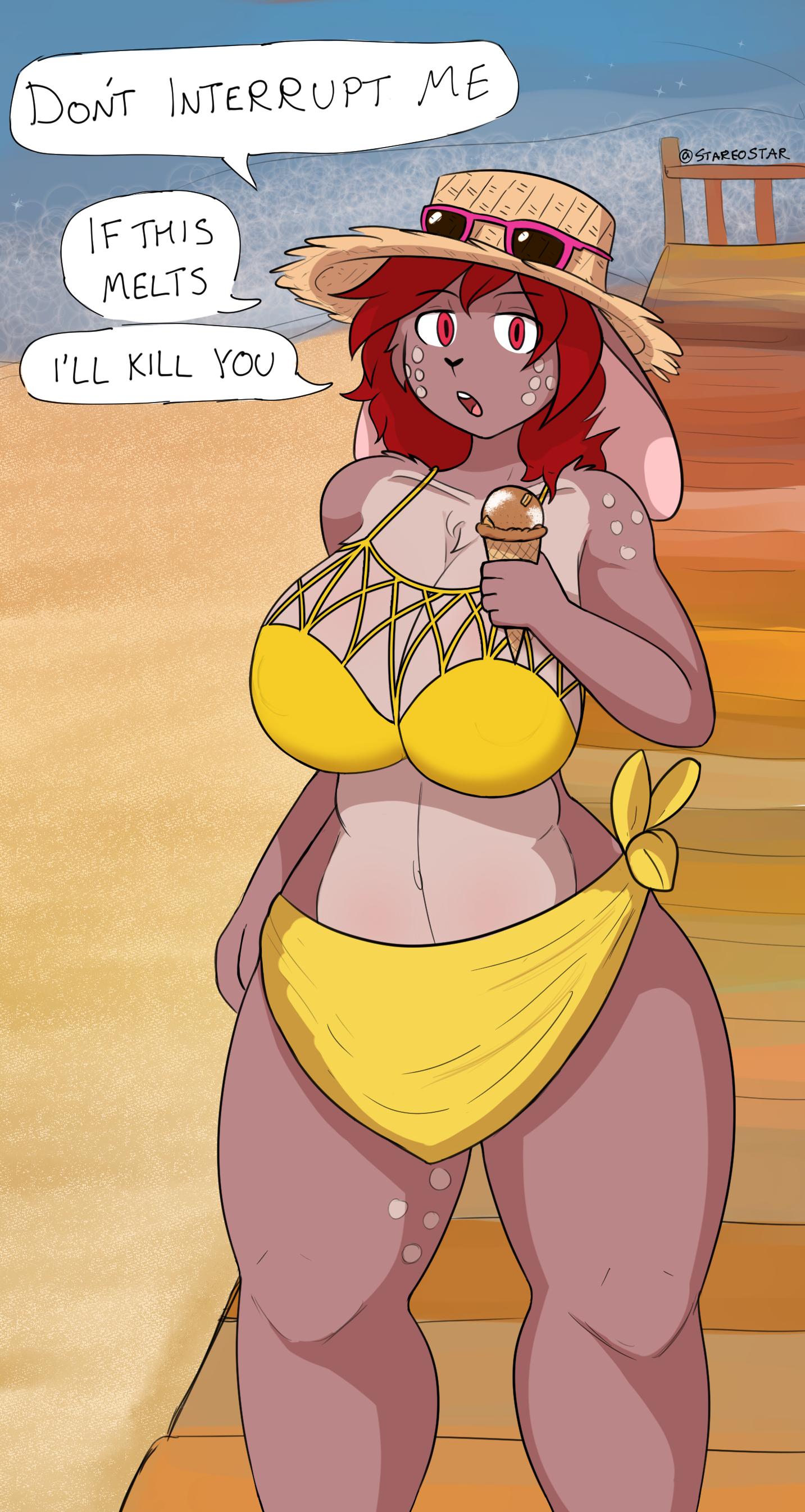 2019 absurd_res beach big_breasts bikini breasts carol_(stareostar) cleavage clothed clothing dessert dialogue eyewear female food hair hat headgear headwear hi_res holding_food holding_object ice_cream ice_cream_cone lagomorph leporid long_hair mammal navel nipple_outline outside rabbit red_hair sand seaside solo speech_bubble standing stareostar straw_hat sunglasses sunhat swimwear text thick_thighs wide_hips