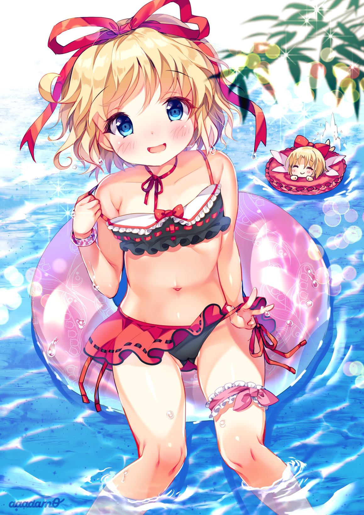 1girl :d ^_^ adapted_costume amo artist_name ass_visible_through_thighs bikini bikini_pull bikini_skirt black_bikini blonde_hair blue_eyes blush bracelet choker closed_eyes commentary day feet_out_of_frame frilled_bikini frills from_above hair_ribbon highres innertube jewelry leaf leg_garter looking_at_viewer medicine_melancholy navel open_mouth outdoors partially_submerged pulled_by_self red_ribbon ribbon ribbon-trimmed_bikini ribbon_choker short_hair side-tie_bikini sitting smile solo sparkle strap_pull su-san swimsuit touhou v water wavy_hair