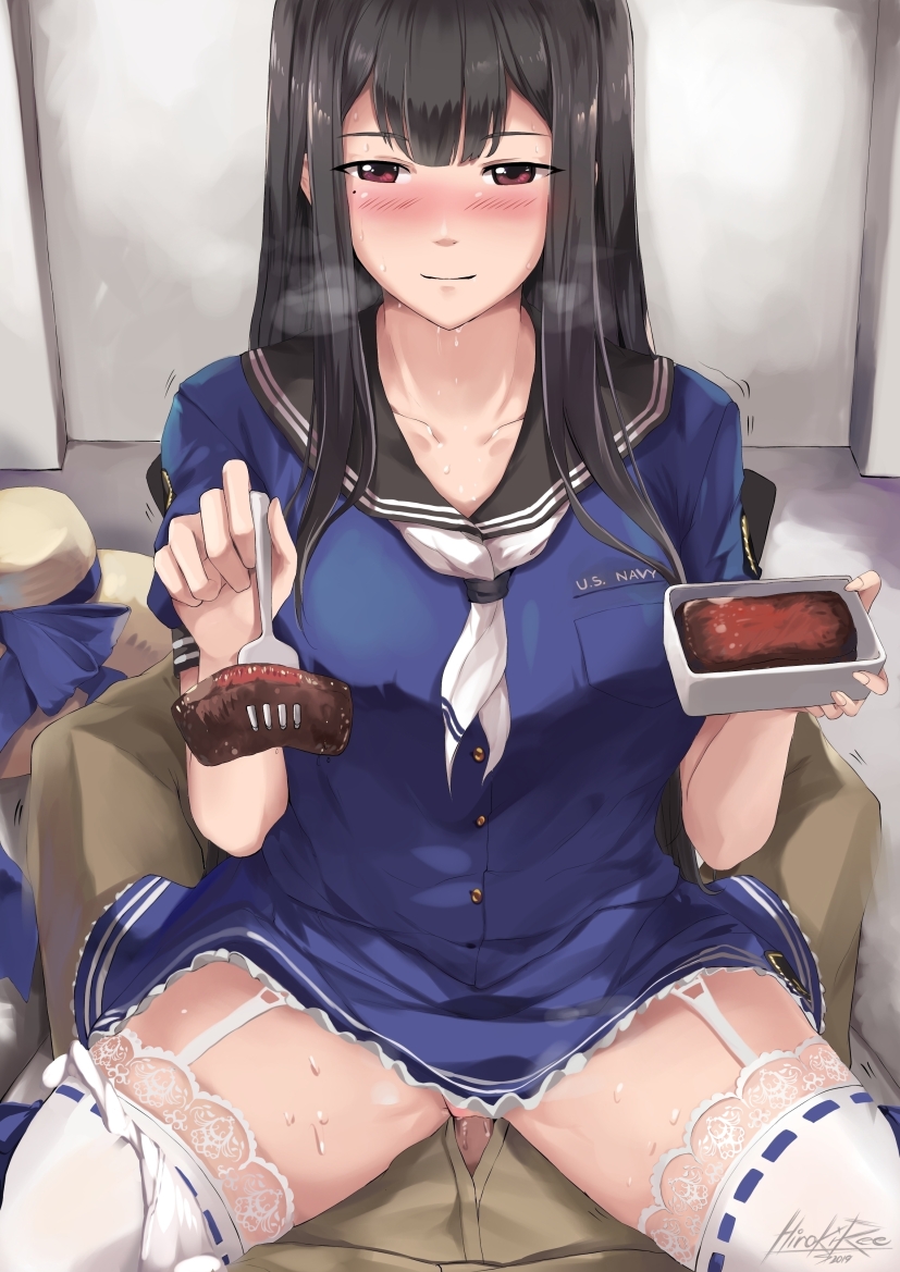 1boy 1girl black_hair blue_dress blue_ribbon breasts brown_eyes clothed_sex commission cowgirl_position dress food fork garter_straps girl_on_top hat hetero hiroki_ree holding holding_food holding_fork iowa_(pacific) lace lace-trimmed_dress lace-trimmed_legwear large_breasts long_hair mole mole_under_eye pacific panties panties_around_one_leg penis pleated_skirt ribbon ribbon-trimmed_legwear ribbon_trim short_sleeves sitting sitting_on_person skirt solo_focus steak straddling sun_hat underwear uss_iowa_(bb-61) vaginal white_legwear white_panties