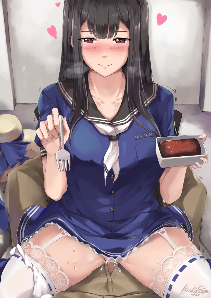 1boy 1girl black_hair blue_dress blue_ribbon breasts brown_eyes clothed_sex commission cowgirl_position cum dress food fork garter_straps girl_on_top hat heart heart-shaped_pupils hetero hiroki_ree holding holding_food holding_fork iowa_(pacific) lace lace-trimmed_dress lace-trimmed_legwear large_breasts long_hair mole mole_under_eye pacific panties panties_around_one_leg penis pleated_skirt ribbon ribbon-trimmed_legwear ribbon_trim short_sleeves sitting sitting_on_person skirt solo_focus steak straddling sun_hat symbol-shaped_pupils underwear uss_iowa_(bb-61) vaginal white_legwear white_panties