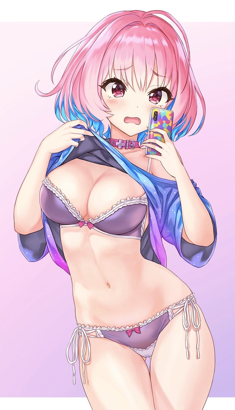 1girl ahoge ass_visible_through_thighs blue_hair blue_shirt bra breasts cleavage collar collarbone cowboy_shot fangs hair_intakes hands_up hhama highres holding holding_phone idolmaster idolmaster_cinderella_girls large_breasts lingerie looking_at_viewer multicolored_hair navel no_pants open_mouth panties phone pink_eyes pink_hair purple_bra purple_panties shirt shirt_lift short_hair side-tie_panties solo standing stomach thigh_gap two-tone_hair underwear yumemi_riamu
