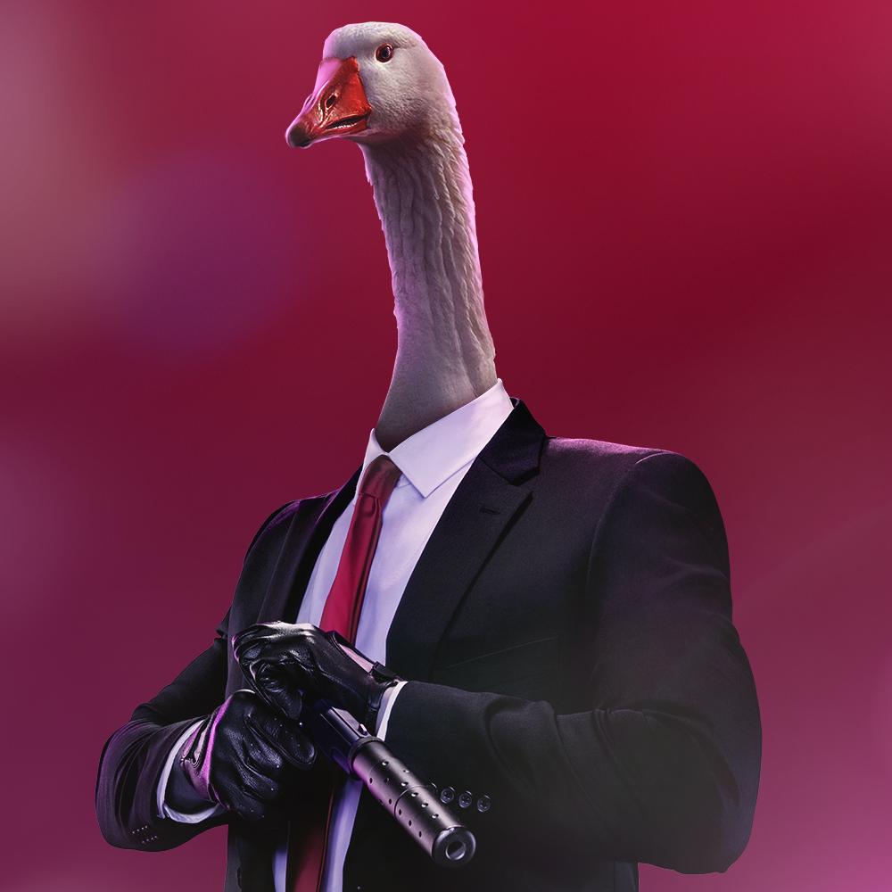 agent_47 agent_47_(cosplay) bird bird_focus black_gloves black_suit cosplay english_commentary formal gloves goose goose_(untitled_goose_game) gun hitman_(game) holding holding_gun holding_weapon jeppe_sorenson long_sleeves necktie no_humans parody realistic red_background red_neckwear simple_background solo suit untitled_goose_game upper_body weapon