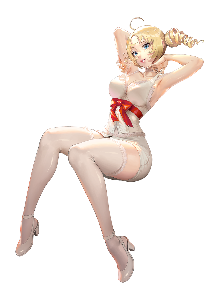 1girl armpits arms_behind_head blonde_hair blue_eyes breasts catherine catherine_(game) cleavage destiny_child dress drill_hair high_heels kim_hyung_tae looking_at_viewer official_art parted_lips short_dress smile solo twin_drills twintails white_legwear