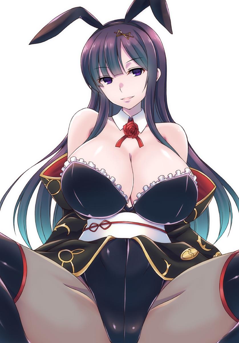 1girl animal_ears aqua_hair black_baccara_(flower_knight_girl) black_hair black_legwear breasts bunny_ears bunnysuit cleavage detached_collar flower flower_knight_girl frills gradient_hair highres kuroama large_breasts long_hair looking_at_viewer multicolored_hair pantyhose parted_lips purple_eyes red_flower red_rose rose shiny shiny_skin simple_background sitting smile solo spread_legs thighhighs white_background