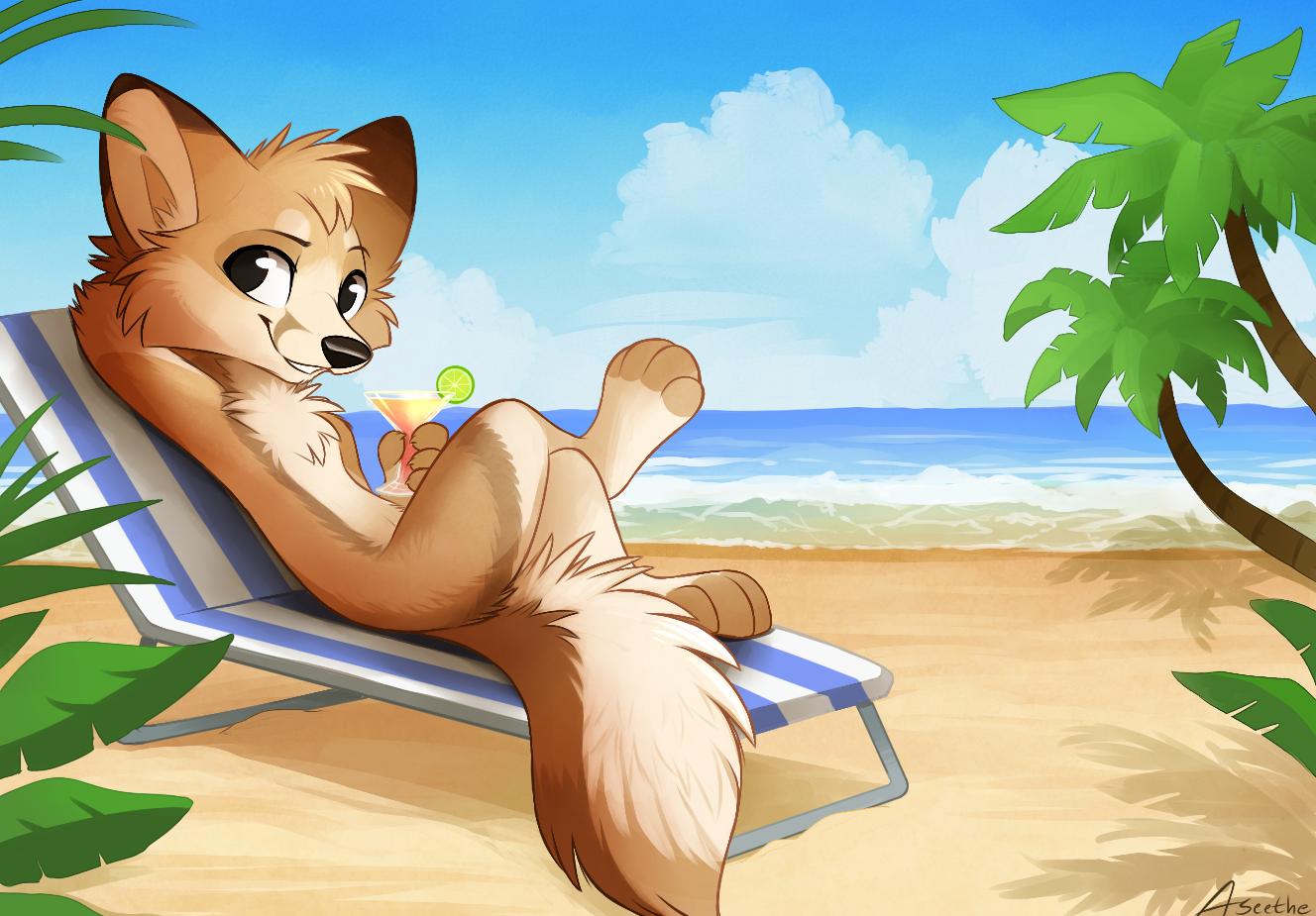 2019 4_fingers 4_toes ambiguous_gender anthro aseethe beach black_nose brown_fur canid canine day detailed_background digital_media_(artwork) fingers fox fur mammal outside sand seaside shoreline sitting sky smile solo toes water