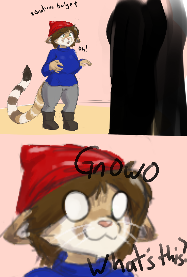 2019 clothed clothing digital_media_(artwork) domestic_cat felid feline felis female fur gnome hair helia_peppercats_(wrinklynewt) humanoid mammal meme notrip owo short_stack simple_background smile solo text thick_thighs you've_been_gnomed