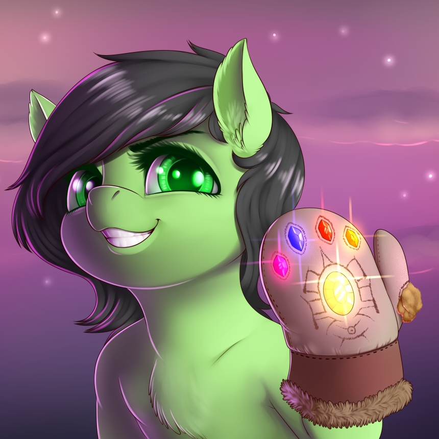 1:1 2019 anthro chest_tuft dankflank digital_media_(artwork) equid equine eyelashes green_eyes grin horse infinity_gauntlet looking_at_viewer mammal my_little_pony pony smile solo teeth tuft