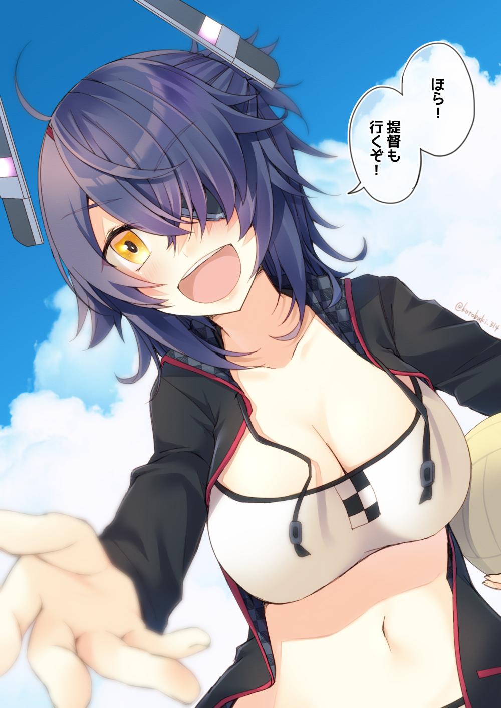 1girl artist_name ball black_hoodie blush breasts brown_eyes cleavage collarbone drawstring eyepatch hair_over_one_eye highres holding holding_ball hood hoodie kantai_collection kotobuki_(momoko_factory) large_breasts long_sleeves looking_at_viewer navel open_mouth purple_hair short_hair smile solo speech_bubble tenryuu_(kantai_collection) translation_request twitter_username upper_body upper_teeth volleyball white_bikini_bottom white_bikini_top