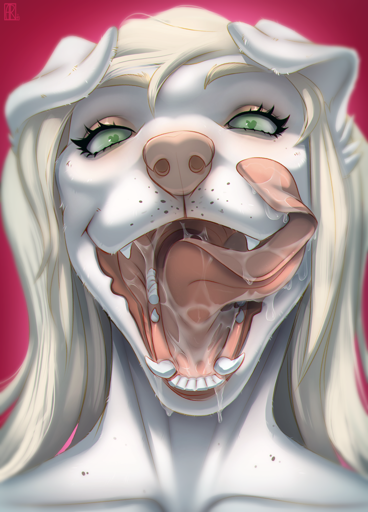 2019 blonde_hair bodily_fluids canid canine canis digital_media_(artwork) domestic_dog drooling eyelashes green_eyes hair long_tongue mammal mouth_shot open_mouth rayley saliva teeth tongue