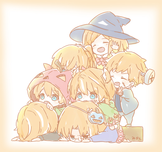 1girl 6+boys :o animal_ears bill_weasley blue_eyes bow bowtie box brother_and_sister brothers cardboard_box charlie_weasley chibi covered_eyes food_themed_hair_ornament fred_weasley george_weasley ginny_weasley hair_ornament halloween halloween_costume happy harry_potter hat jack-o'-lantern kapirusu lying multiple_boys on_stomach orange_hair outstretched_arm percy_weasley pumpkin_hair_ornament riding ron_weasley short_hair siblings standing twins v witch_hat