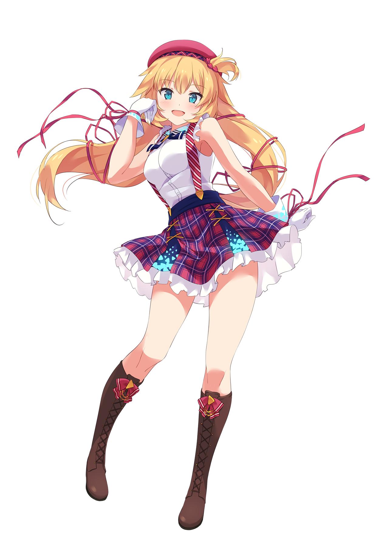 1girl akai_haato bangs blonde_hair blue_eyes blush boot_bow boots breasts brown_footwear commentary full_body gloves hair_between_eyes hair_ornament hat heart heart_hair_ornament highres hololive large_breasts long_hair looking_at_viewer miniskirt narumi_nanami one_side_up open_mouth red_headwear red_ribbon red_skirt ribbon simple_background skirt smile solo virtual_youtuber white_background white_gloves wrist_ribbon