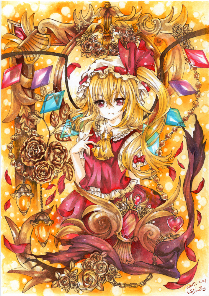 1girl artist_name blonde_hair bow chain commentary_request dated flandre_scarlet flower frills frown gem hat hat_ribbon jewelry long_hair mob_cap mosho petals red_bow red_eyes red_ribbon red_skirt red_vest ribbon rose shirt short_sleeves side_ponytail skirt solo touhou traditional_media vest white_headwear white_shirt wings yellow_background yellow_neckwear