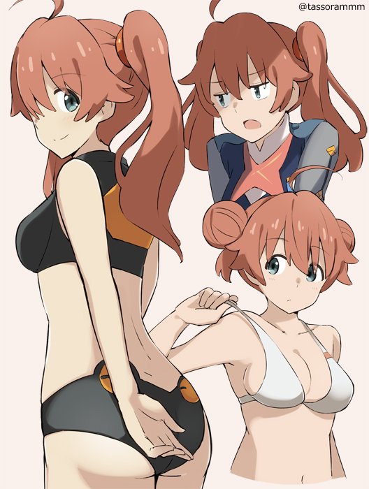 1girl ahoge ass bangs banned_artist bare_arms bare_shoulders bikini blue_eyes blush breasts brown_background brown_hair cleavage closed_mouth collarbone commentary_request cropped_torso darling_in_the_franxx double_bun dress eyebrows_visible_through_hair grey_dress hair_between_eyes long_hair medium_breasts miku_(darling_in_the_franxx) multiple_views navel open_mouth simple_background smile swimsuit tasora twintails twitter_username white_bikini