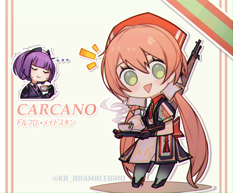 ... 2girls :&gt; alternate_costume carcano_m1891_(girls_frontline) carcano_m91/38_(girls_frontline) chibi closed_eyes cup girls_frontline gloves green_eyes gun kky long_hair low_twintails multiple_girls pink_hair purple_hair rifle rifle_on_back smile teacup trembling triangle_mouth twintails twitter_username very_long_hair weapon weapon_on_back white_background