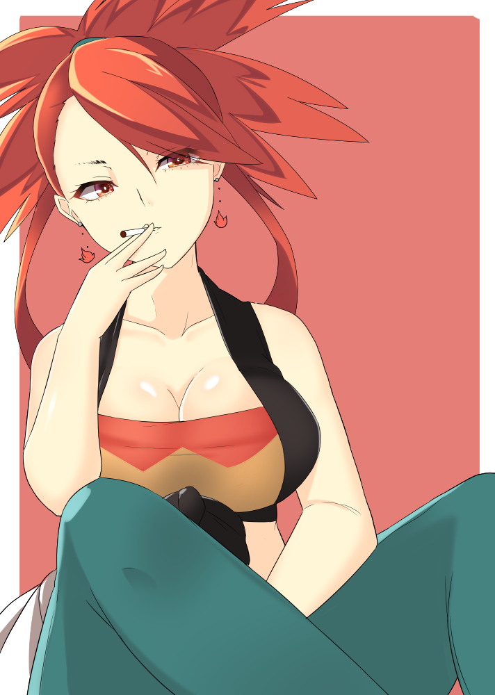 1girl asuna_(pokemon) blue_pants breasts brown_eyes cigarette cleavage crop_top earrings gym_leader hand_up jewelry large_breasts long_hair looking_at_viewer midriff mituyota_76 mouth_hold pants pokemon ponytail red_background red_eyes red_hair sitting smoking solo