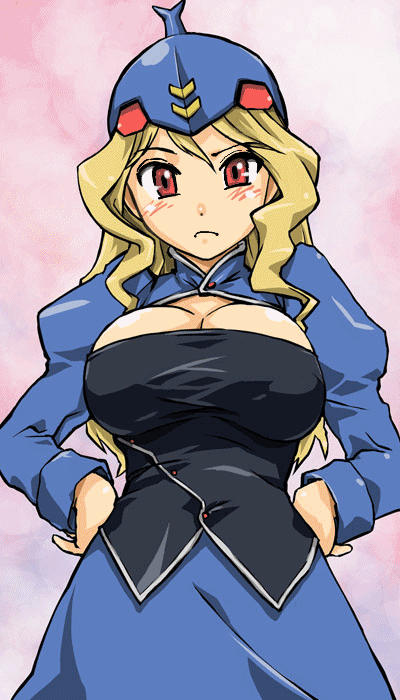 animated animated_gif blonde_hair blush bouncing_breasts breasts danbai dress dunbine futaba_channel gif hands_on_hips helmet large_breasts looking_at_viewer maid nijiura_maids no_bra personification red_eyes seisenshi_dunbine solo