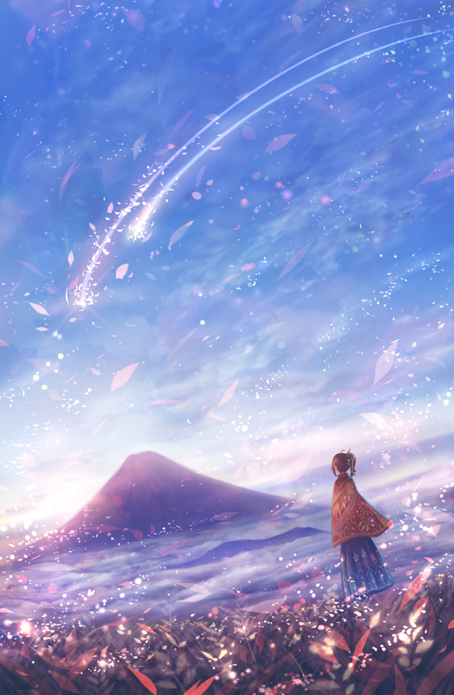 1girl ahoge blue_sky brown_hair cloud cloudy_sky commentary_request day dress dutch_angle facing_away fantasy flower long_hair magic mountain original outdoors ponytail sakimori_(hououbds) scenery shooting_star sidelocks sky solo standing wide_shot