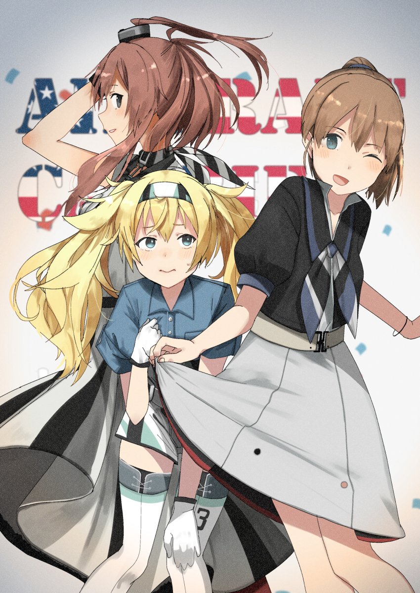 3girls annin_musou belt black_shirt blonde_hair blue_eyes blue_shirt breast_pocket brown_hair collared_shirt commentary_request dress feet_out_of_frame gambier_bay_(kantai_collection) gloves grey_eyes hair_ornament hairband highres intrepid_(kantai_collection) kantai_collection miniskirt multicolored multicolored_clothes multicolored_gloves multicolored_neckwear multiple_girls one_eye_closed pocket ponytail profile red_neckwear remodel_(kantai_collection) saratoga_(kantai_collection) shirt short_hair shorts side_ponytail sidelocks skirt smokestack smokestack_hair_ornament thighhighs twintails wall_of_text white_dress white_legwear white_shirt white_skirt