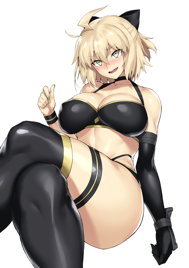 1girl ahoge bangs bare_shoulders bikini black_bikini black_bow black_gloves black_legwear blonde_hair blush bnc_(bunshi) bow breasts cleavage collarbone crossed_legs fate/grand_order fate_(series) gloves grey_eyes hair_bow half_updo highleg highleg_bikini large_breasts looking_at_viewer multi-strapped_bikini okita_souji_(fate)_(all) okita_souji_(swimsuit_assassin)_(fate) open_mouth short_hair single_glove smile solo swimsuit thigh_strap thighhighs thighs