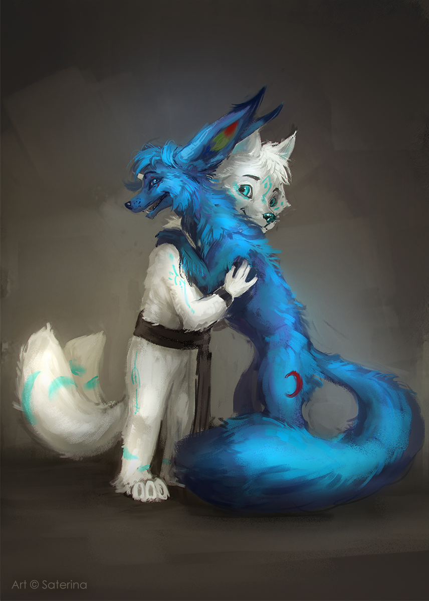2019 2_tails ambiguous_gender anthro blue_eyes blue_fur canid canine duo etis featureless_crotch feral fox fur happy hi_res hug kitsunal_(character) looking_at_viewer male mammal markings multi_tail nude open_mouth sash saterina simple_background smile standing white_fur wristband