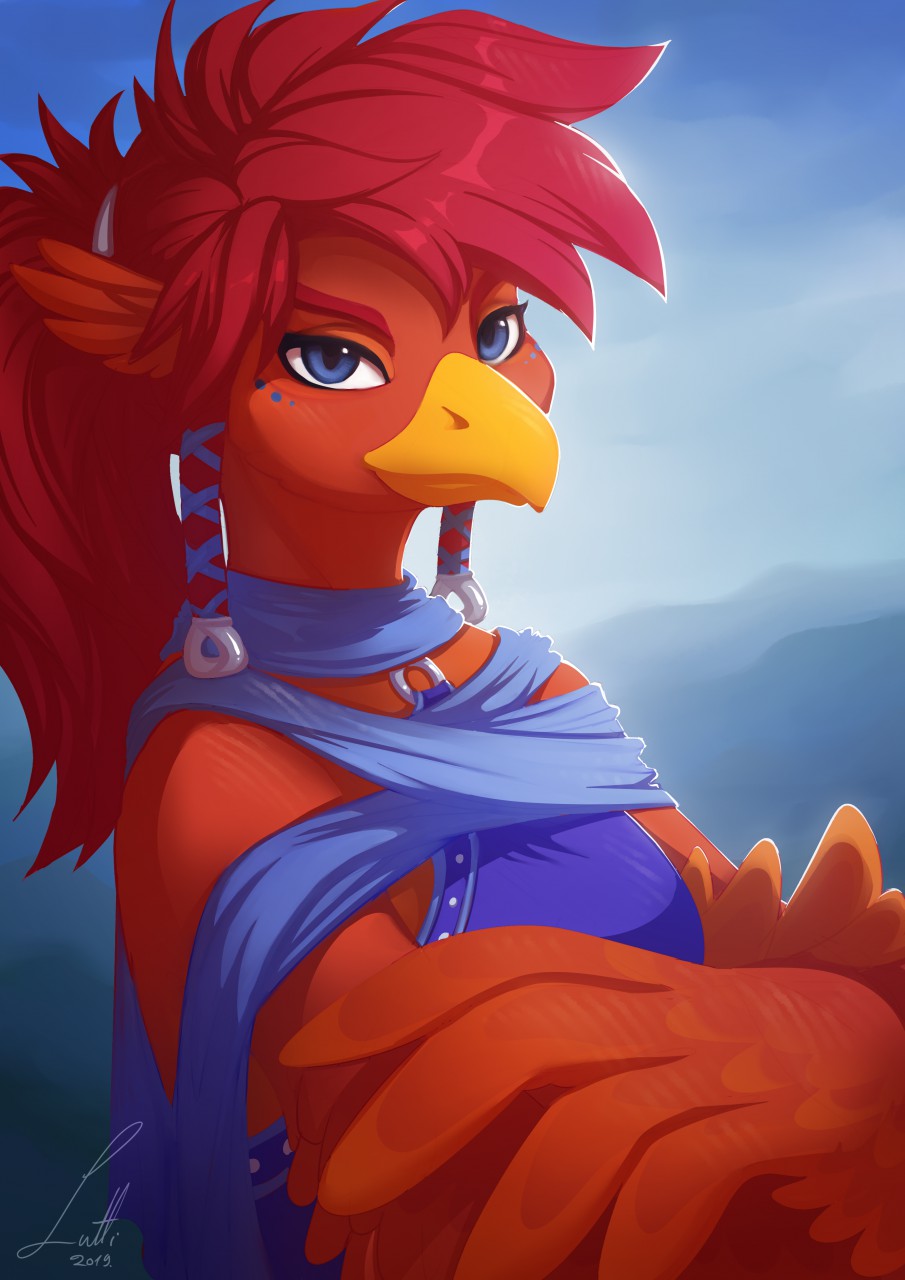 2019 anthro avian beak bird blue_clothing blue_eyes clothing crossed_arms european_mythology feathers female fur greek_mythology hair hi_res lutti mythological_bird mythological_firebird mythology phoenix red_feathers red_fur red_hair simple_background solo wings