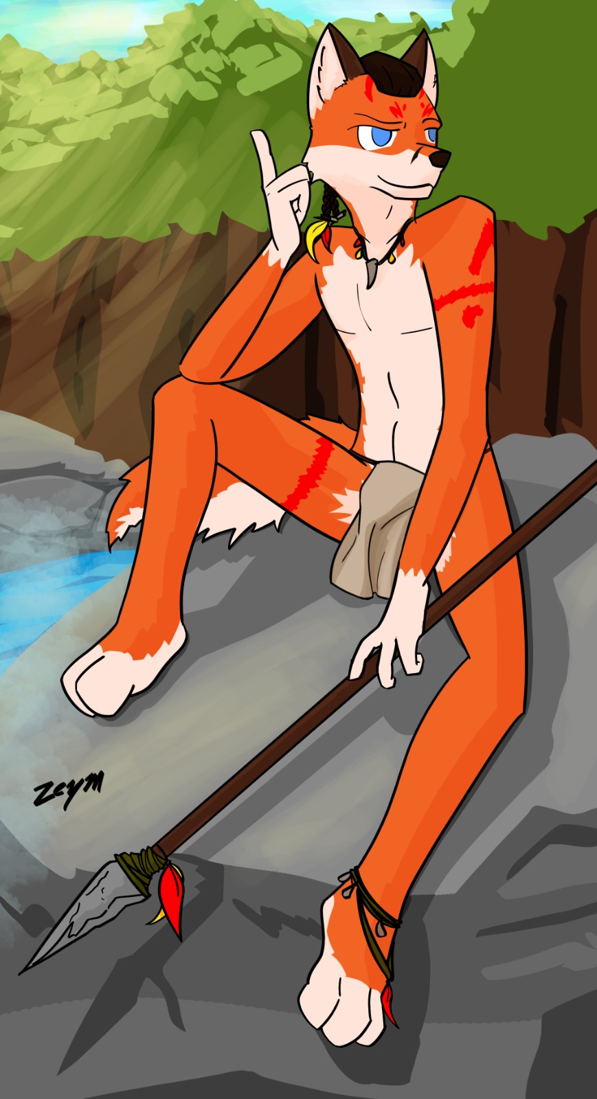 2019 3_toes 4_fimgers anthro blue_eyes canid canine canis clothed clothing day detailed_background digital_media_(artwork) feathers forest fox fur hair hi_res holding_object holding_weapon hunter jewelry loincloth male mammal markings melee_weapon multicolored_fur necklace outside partially_clothed polearm river rock sky slim smile solo spear toes tree tribal weapon zeym