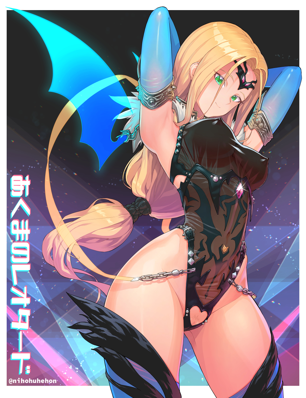 1girl abstract_background arms_up bare_hips black_legwear black_leotard blonde_hair blue_gloves breasts buckle closed_mouth covered_nipples cowboy_shot crotch_cutout dragon_quest dragon_quest_vi elbow_gloves forehead_protector from_below glint gloves green_eyes groin highleg highleg_leotard highres holding holding_weapon large_breasts leotard long_hair looking_at_viewer looking_down low-tied_long_hair low_ponytail mireyu pubic_hair pussy_peek smile solo supurai thighhighs translation_request twitter_username weapon