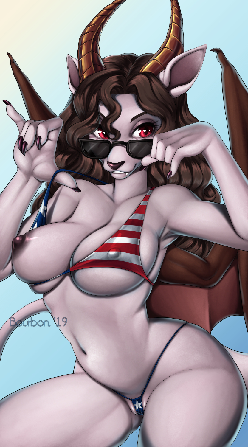 2019 5_fingers anthro areola bikini bourbon._(artist) breasts brown_hair clothing digital_media_(artwork) dragon eyebrows eyelashes eyewear female fingers hair hi_res horn membrane_(anatomy) membranous_wings nipples one_breast_out red_eyes solo sunglasses swimwear united_states_of_america wings