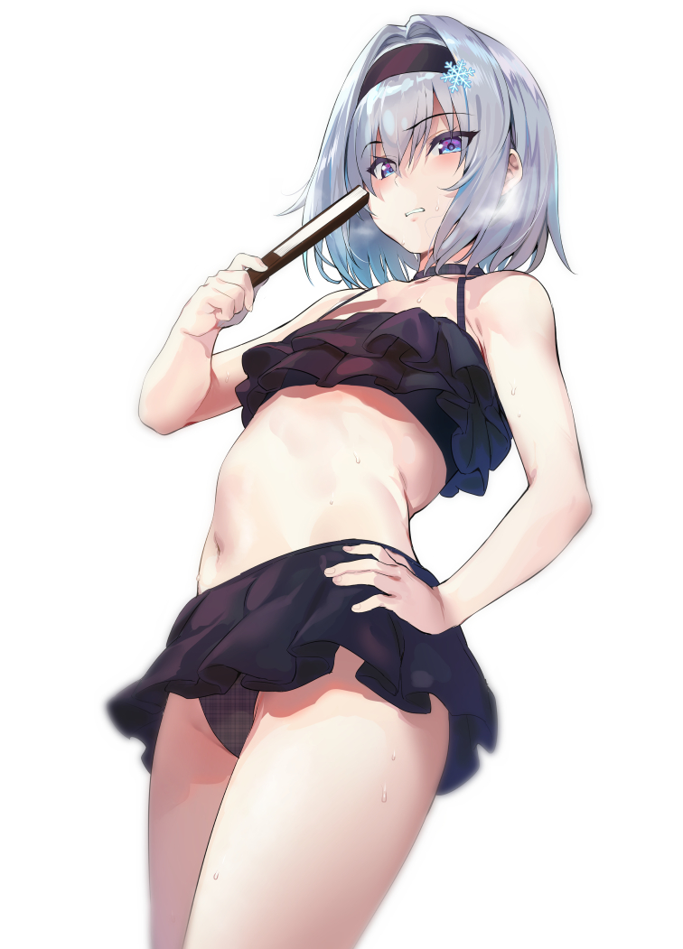 1girl bikini bikini_skirt black_bikini choker commentary_request eyebrows_visible_through_hair fan flat_chest frilled_bikini frills from_below hair_between_eyes hair_intakes hair_ornament hairband hand_on_hip holding holding_fan iku_(ikuchan_kaoru) looking_at_viewer navel parted_lips ryuuou_no_oshigoto! short_hair silver_hair simple_background snowflake_hair_ornament solo sora_ginko swimsuit teeth white_background