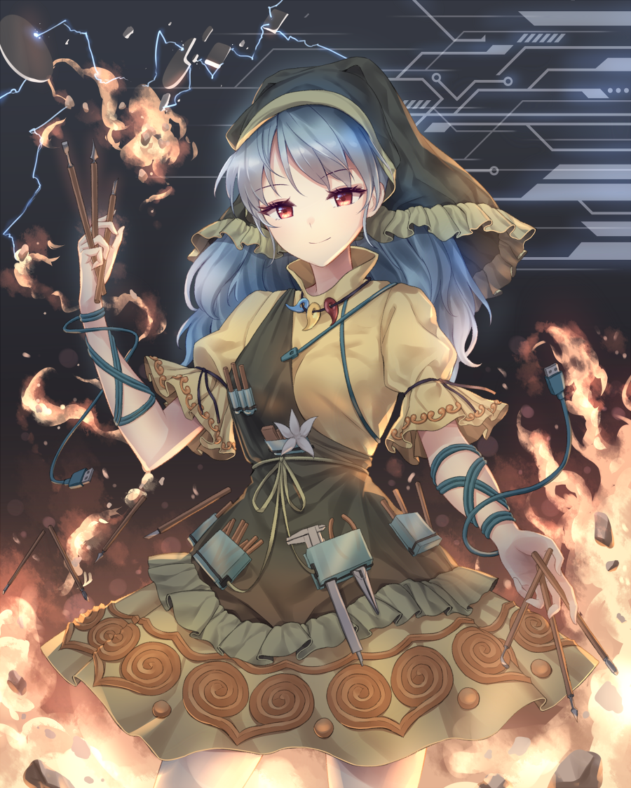 1girl apron bangs blue_hair cable chisel commentary cowboy_shot dress eyebrows_visible_through_hair fire flower frills grey_background hand_up haniyasushin_keiki head_scarf holding jewelry long_hair looking_at_viewer magatama magatama_necklace minust necklace red_eyes smile solo touhou usb white_flower yellow_apron yellow_dress
