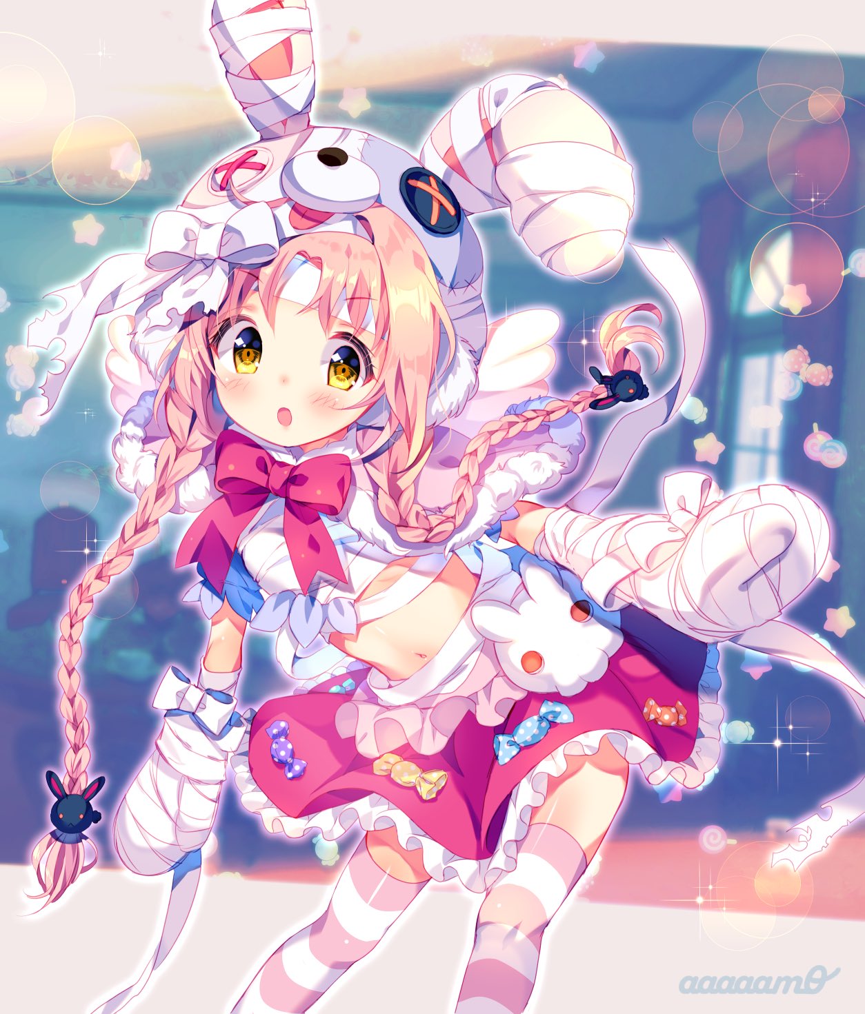 1girl akane_mimi amo animal_hat artist_name bandages belly blurry blurry_background braid bunny_hair_ornament candy commentary_request food gloves hair_ornament hat highres long_hair navel open_mouth pink_hair princess_connect! princess_connect!_re:dive ribbon solo striped striped_legwear thighhighs twin_braids yellow_eyes