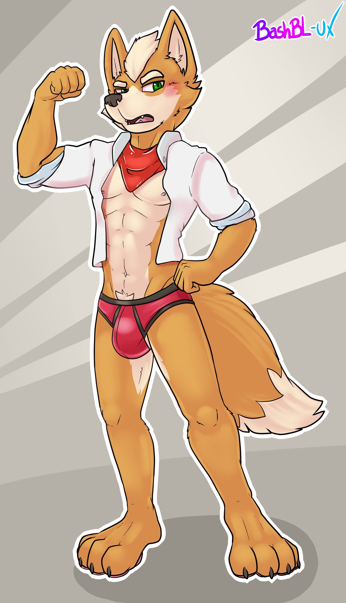 4_toes abs anthro bashbl-ux biceps blush briefs bulge canid canine claws clothed clothing flexing fox fox_mccloud hi_res male mammal muscular muscular_male nintendo pecs pubes solo star_fox toe_claws toes underwear video_games