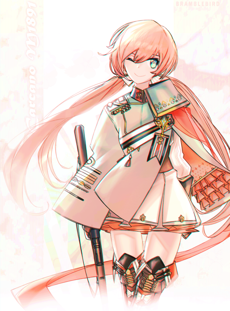 1girl absurdly_long_hair arm_behind_back artist_name asymmetrical_clothes boots carcano carcano_m1891_(girls_frontline) character_name commentary cropped_legs girls_frontline green_eyes kky long_hair looking_at_viewer low_twintails one_eye_closed pink_hair smile solo thigh_boots thighhighs twintails very_long_hair