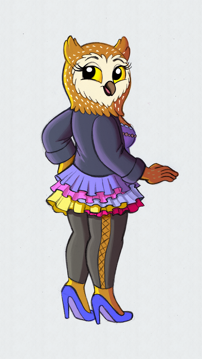 avian bird bojack_horseman bottomwear breasts brown_feathers clothing dress eyelashes feathers female footwear high_heels jacket legwear lissatoons owl pants shoes stockings topwear wanda_pierce yellow_eyes