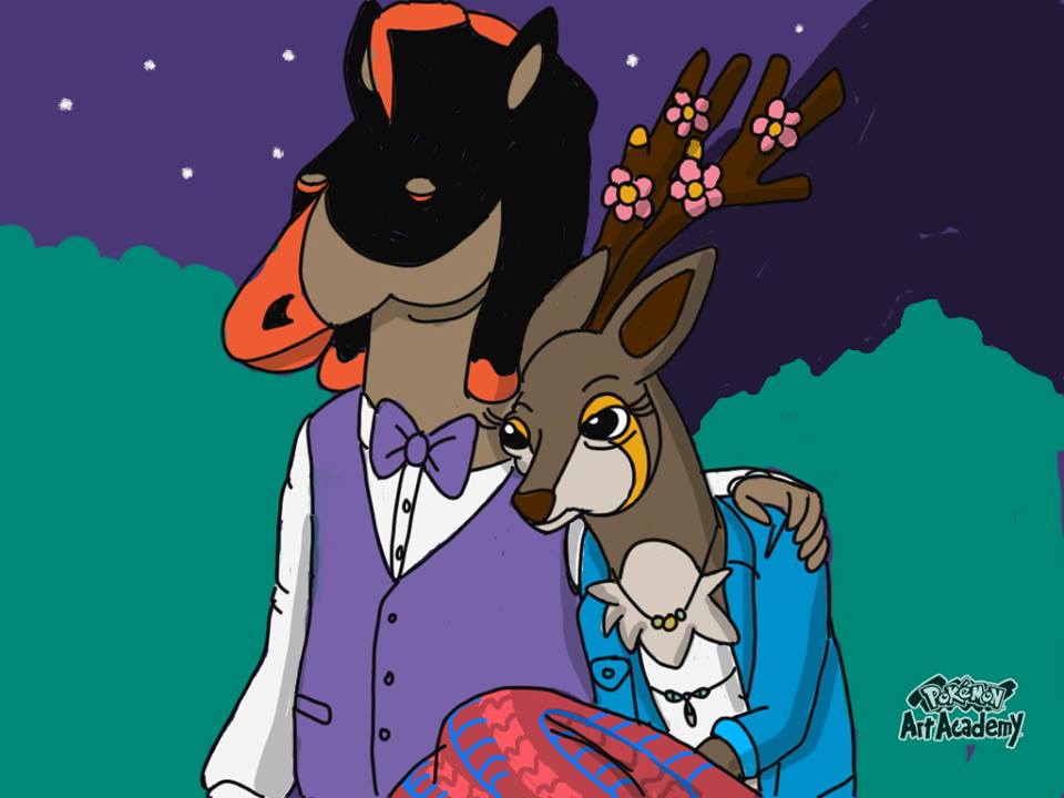 4:3 antlers bags_under_eyes bojack_horseman bojack_horseman_(character) bottomwear cervid charlotte_moore clothing crossover denim denim_clothing denim_jacket equid equine eyes_closed female flower horn jewelry male mammal mane mudsdale night nintendo plant pok&eacute;mon pok&eacute;mon_(species) pok&eacute;mon_art_academy sawsbuck skirt spring_sawsbuck video_games