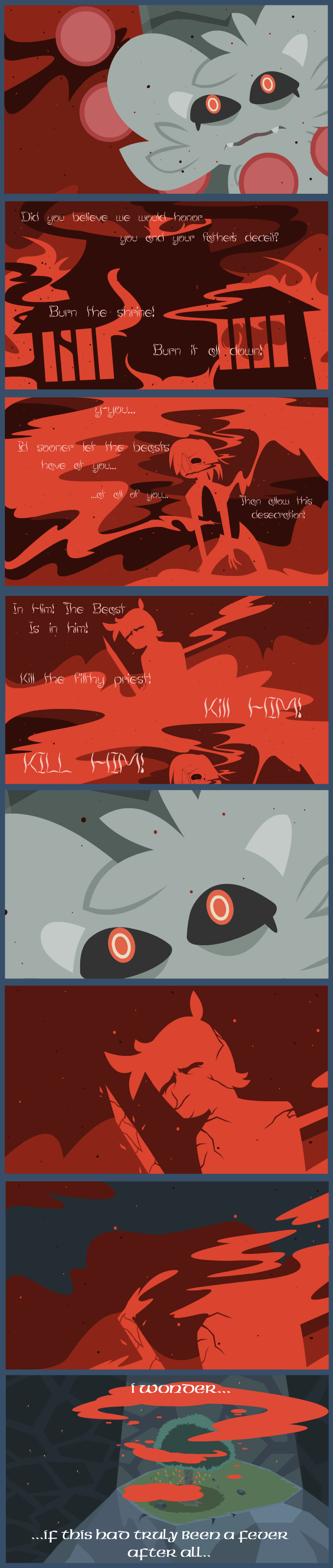 2019 absurd_res anthro cave comic digital_media_(artwork) duo english_text fire fur hair hi_res human male mammal melee_weapon monster orange_eyes orb red_text shane_frost simple_background smoke sword text tree weapon
