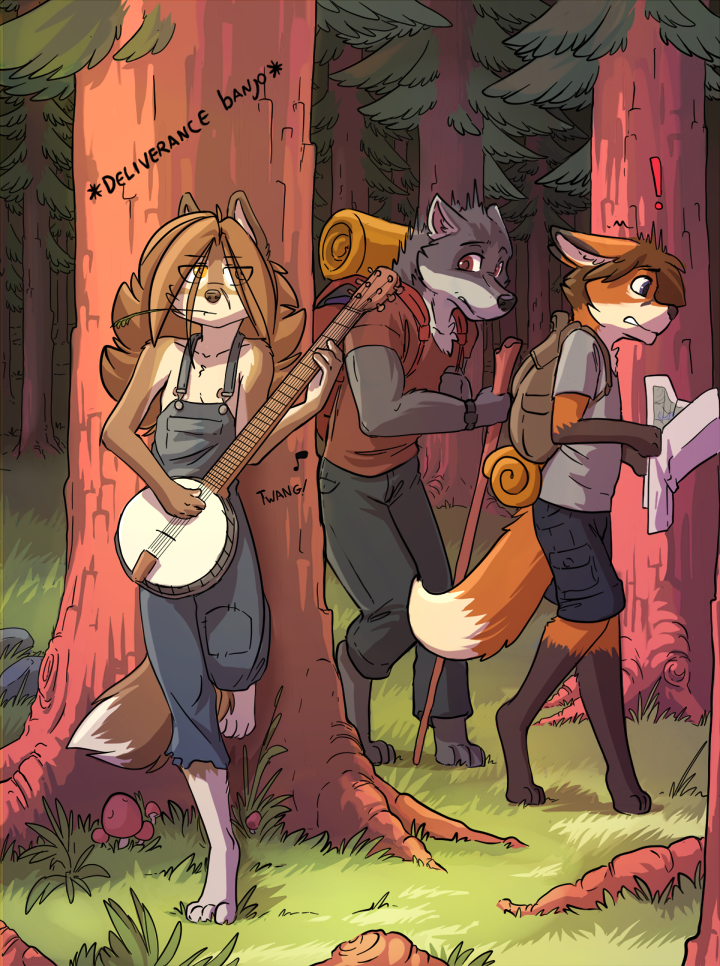 ! 2019 anthro backpack banjo_(instrument) camp_pines canid canine canis clothing domovoi_lazaroth female fox grass luna_(domovoi_lazaroth) male mammal musical_instrument nipples outside tree wolf